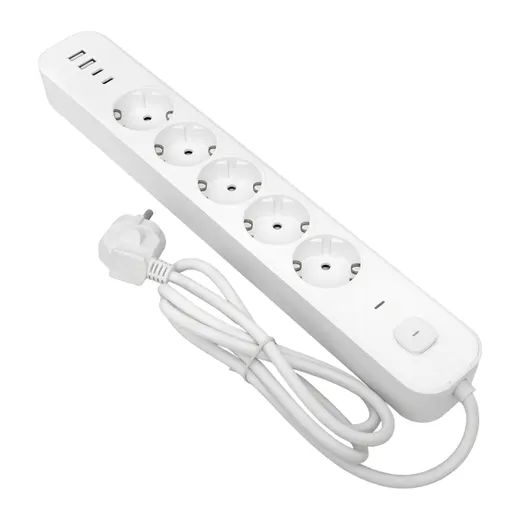 Удлинитель 5-мест 1,5м ПВС 3*1,5 белый выкл EKF  2USB 2,4А+2USBtype-С