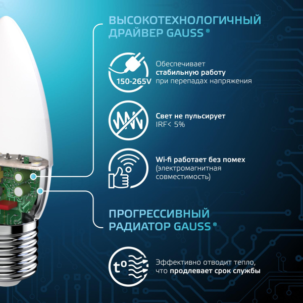 Лампа свд 220В E27 9,5Вт 4100К 950лм свеча B35 матовая Gauss 